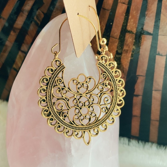 BOGO Large Gold Mandala Hoop Earrings Filigree Tribal Aztec Tibetan Native Bird - Picture 10 of 16